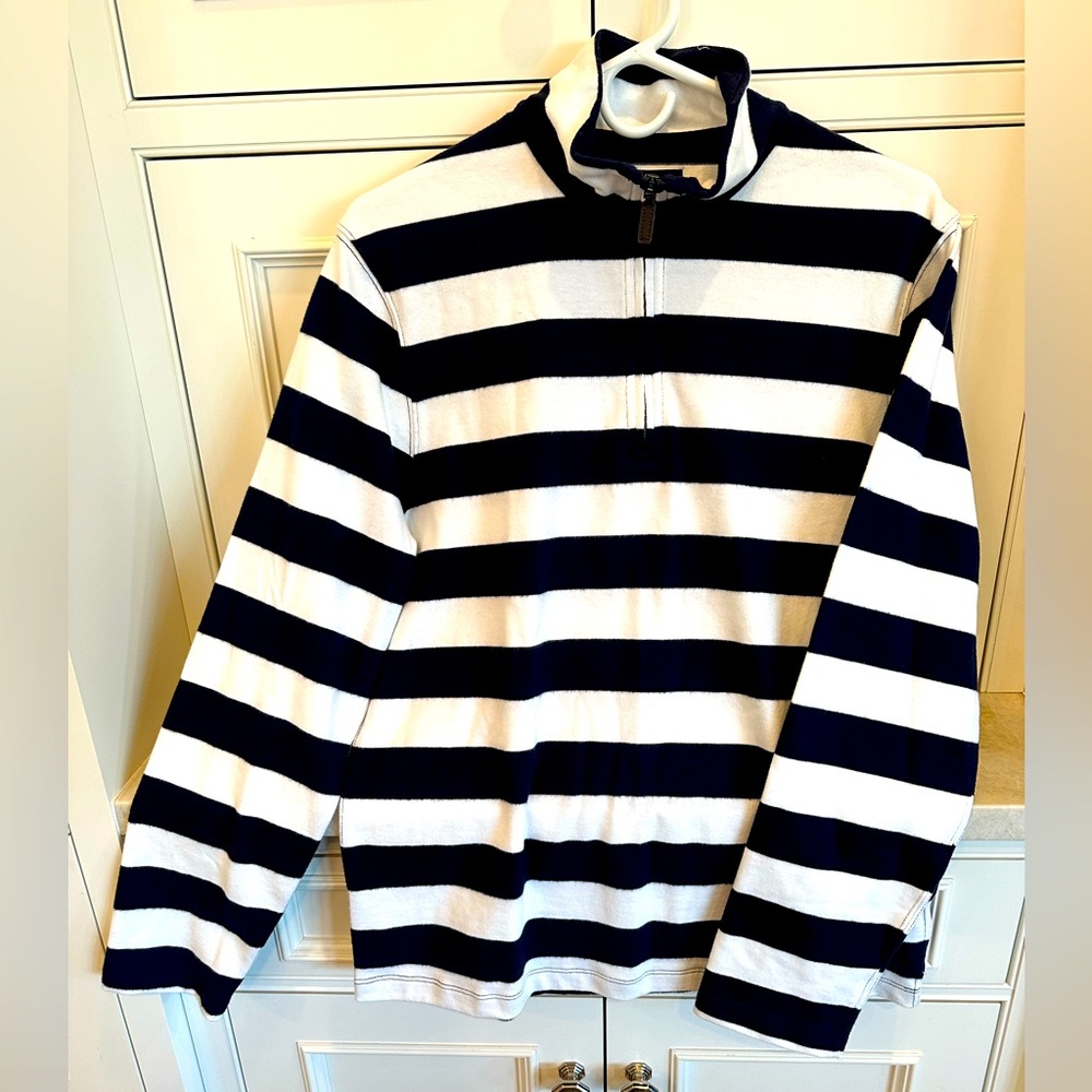 NWT J Crew mercantile Blue and White striped cotton long sleeve quarter zip top.
